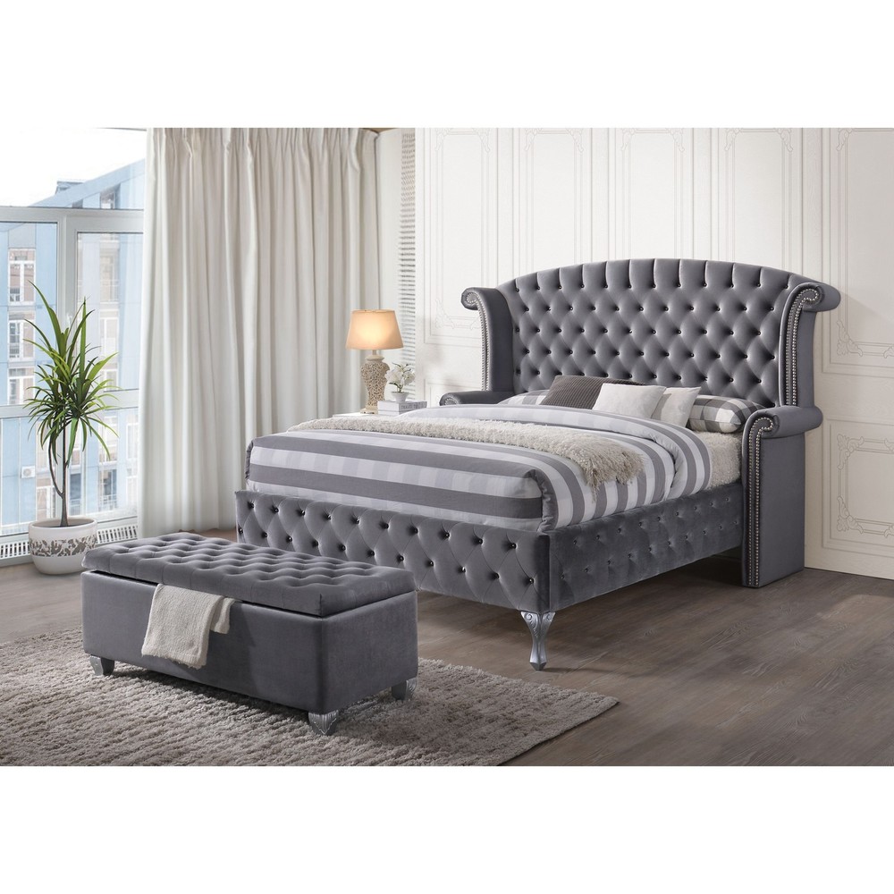 Grey Tufted Storage Bench - Upholstered Ottoman with Lift-Up Seat