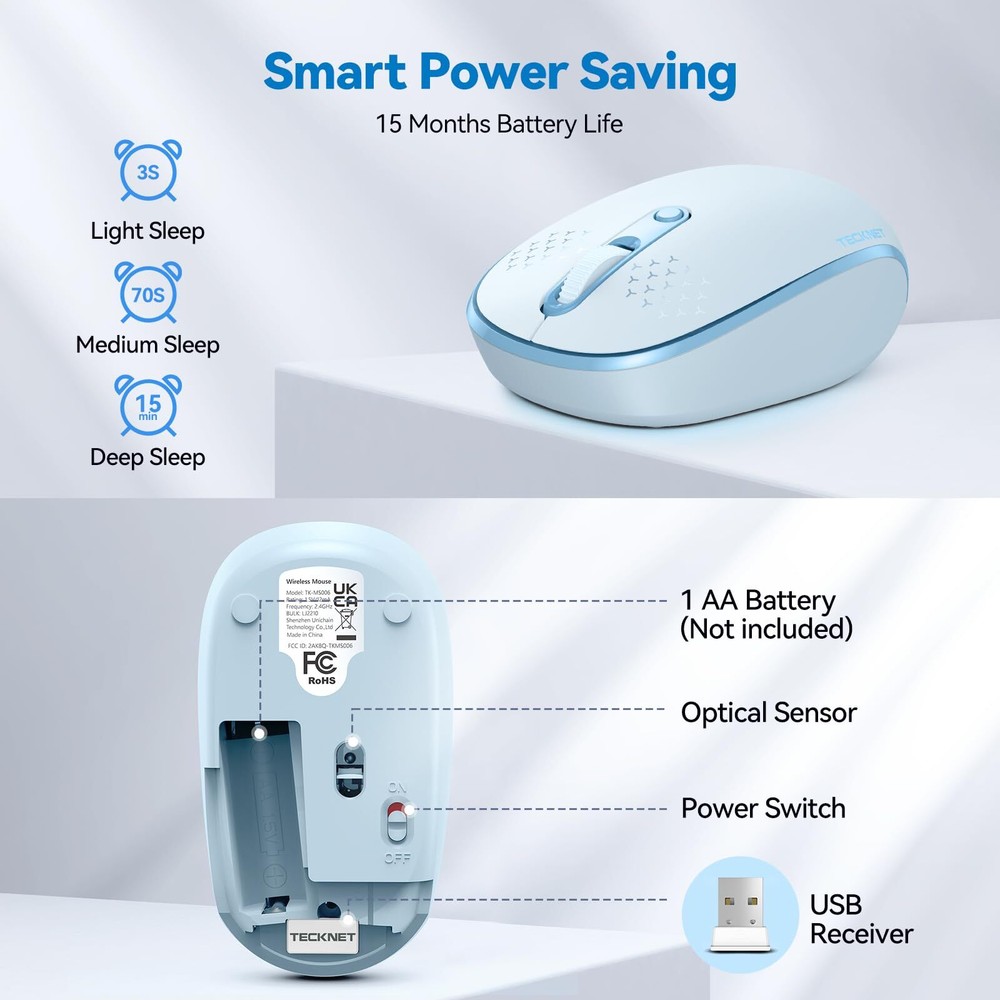 Wireless Quiet Mouse 4 Buttons Portable 2.4G Mouse with USB Receiver Blue