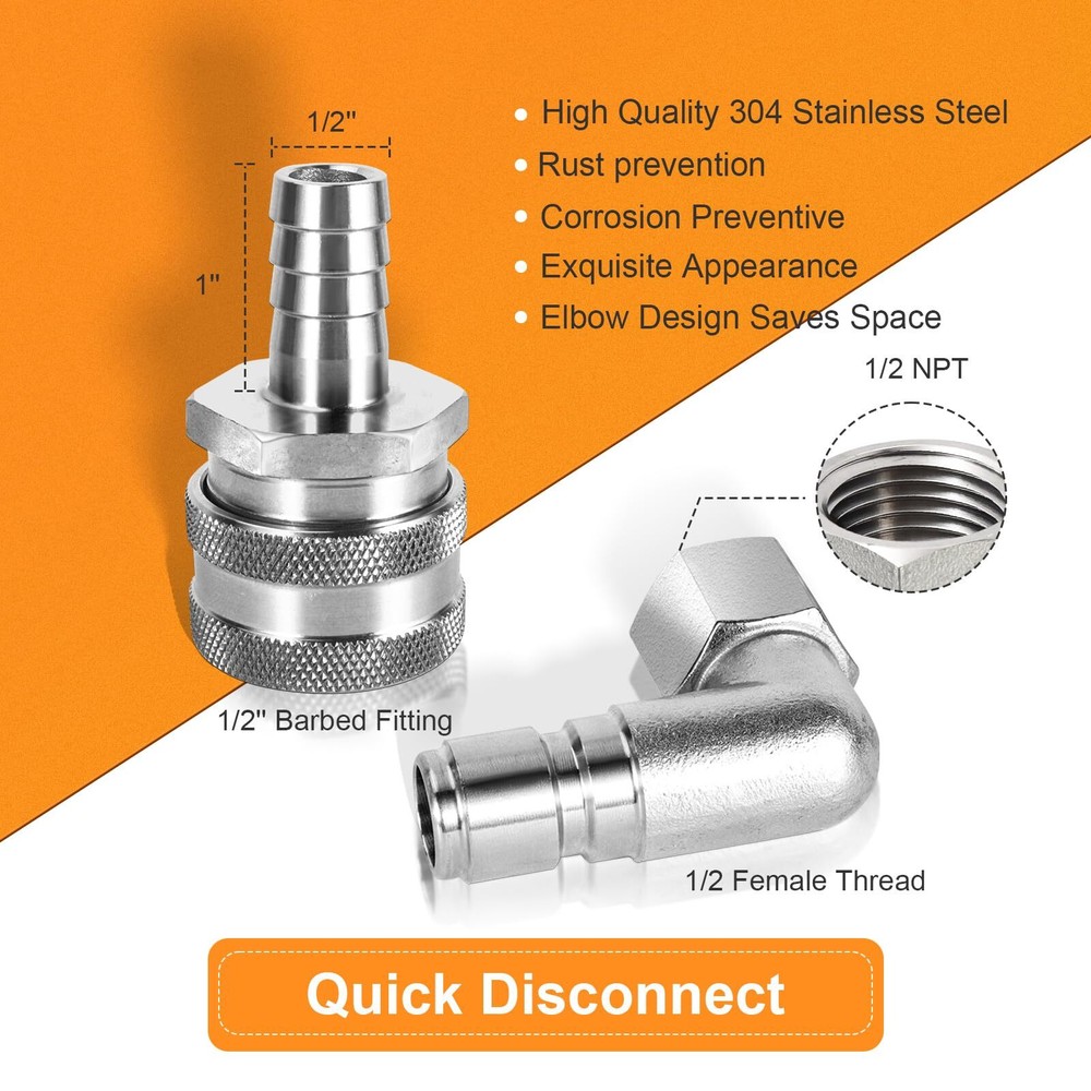 Stainless Steel Quick Disconnect Set 1/2'' NPT Home Brewing Connector Kit Qui...