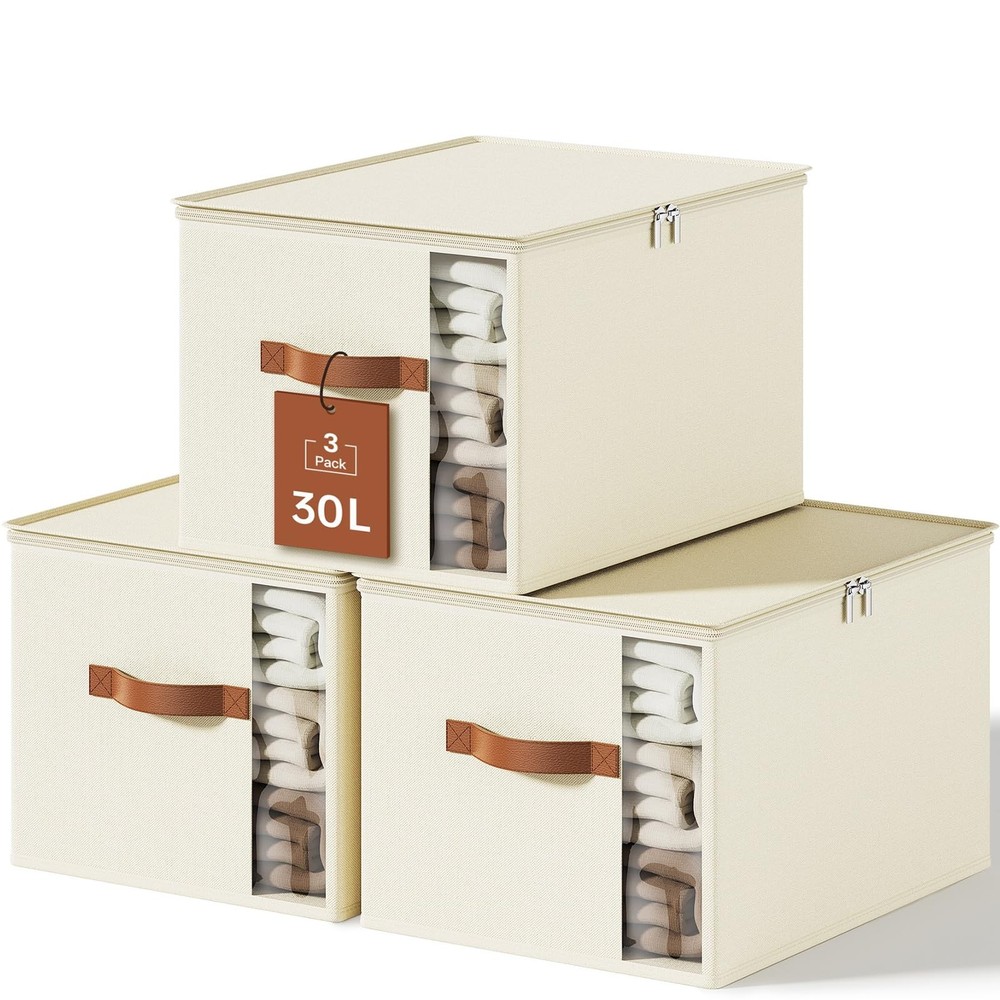 KitHero Clothes Storage Bins with Sturdy Frames, Medium x 3 Packs, White