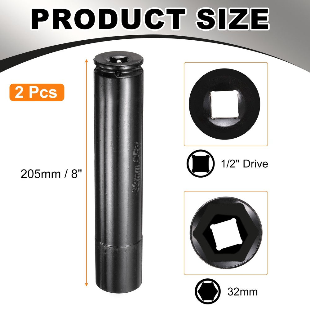 2pcs 6-Point Deep Impact Socket 32mm Metric Socket 1/2" Drive 8" Long