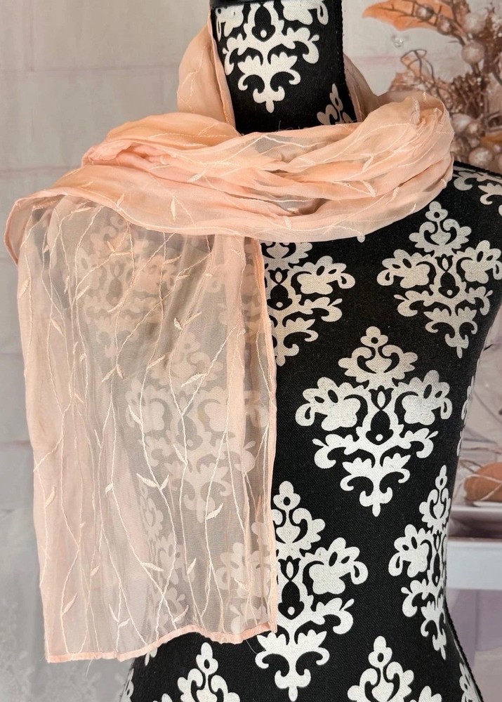 Peach SheeredSilk Blend Chiffon Leafs Embroidered Long Rectangular Scarf 12”x60”