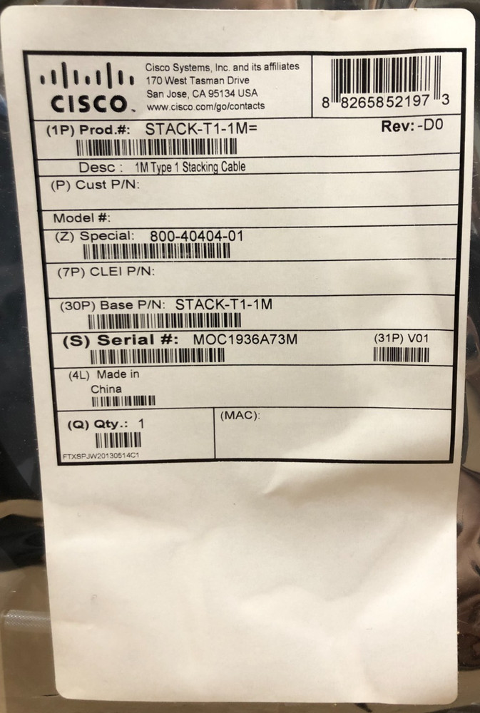 STACK-T1-1M Cisco Catalyst StackWise 1M Stacking Cable 800-40404-01 (LOT OF 5)