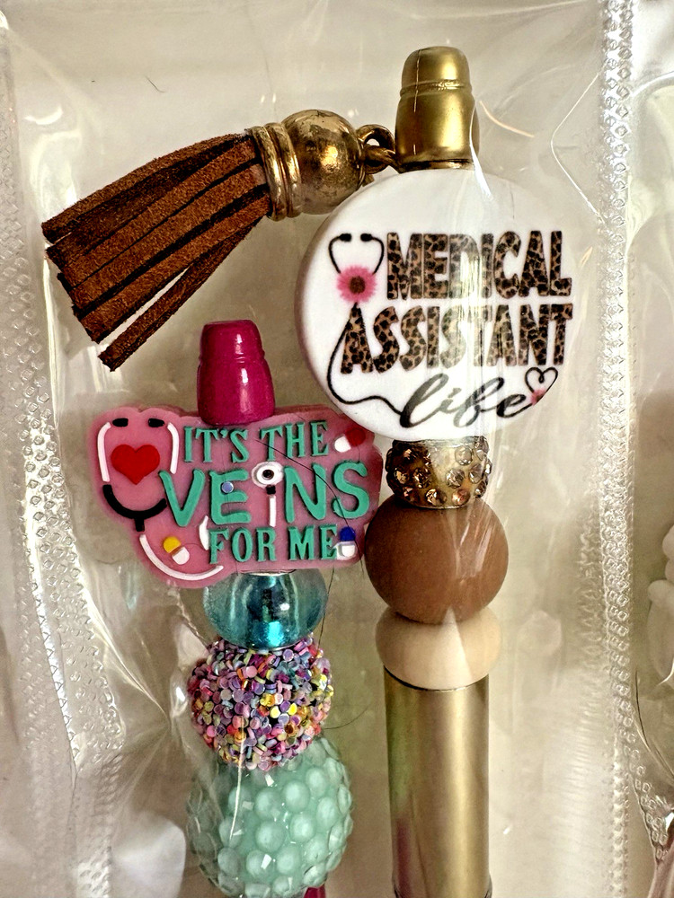 6 miscellaneous beaded pens with 1 ink refill each- nurse theme