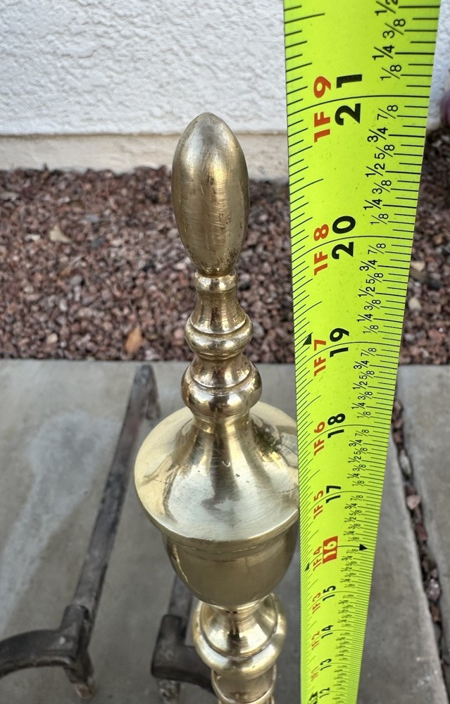 Vintage Solid Brass Andirons Pair 21” Colonial Fireplace Tool Polished