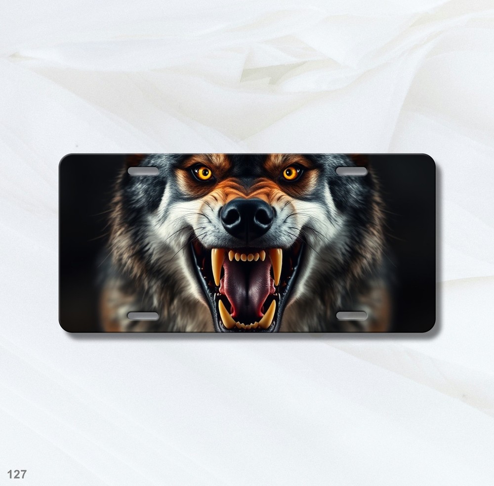 Intense Wolf License Plate with Fangs Personalized Auto Tag Gift Idea
