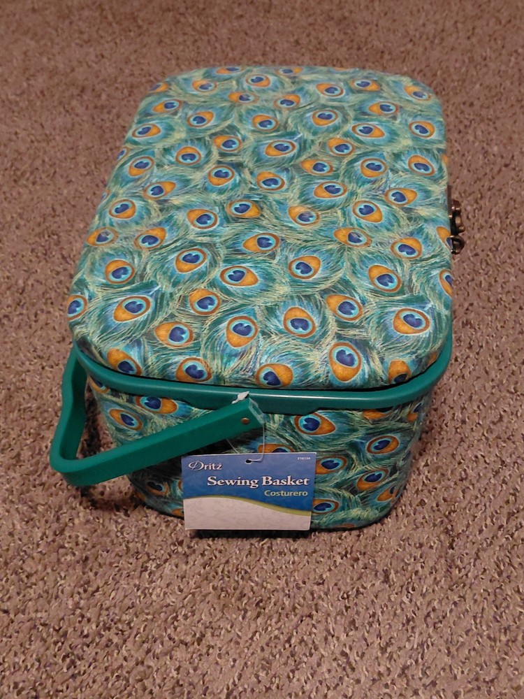 Dritz Peacock Feather Fabric Covered Sewing Basket Box + Mini Sewing Kit