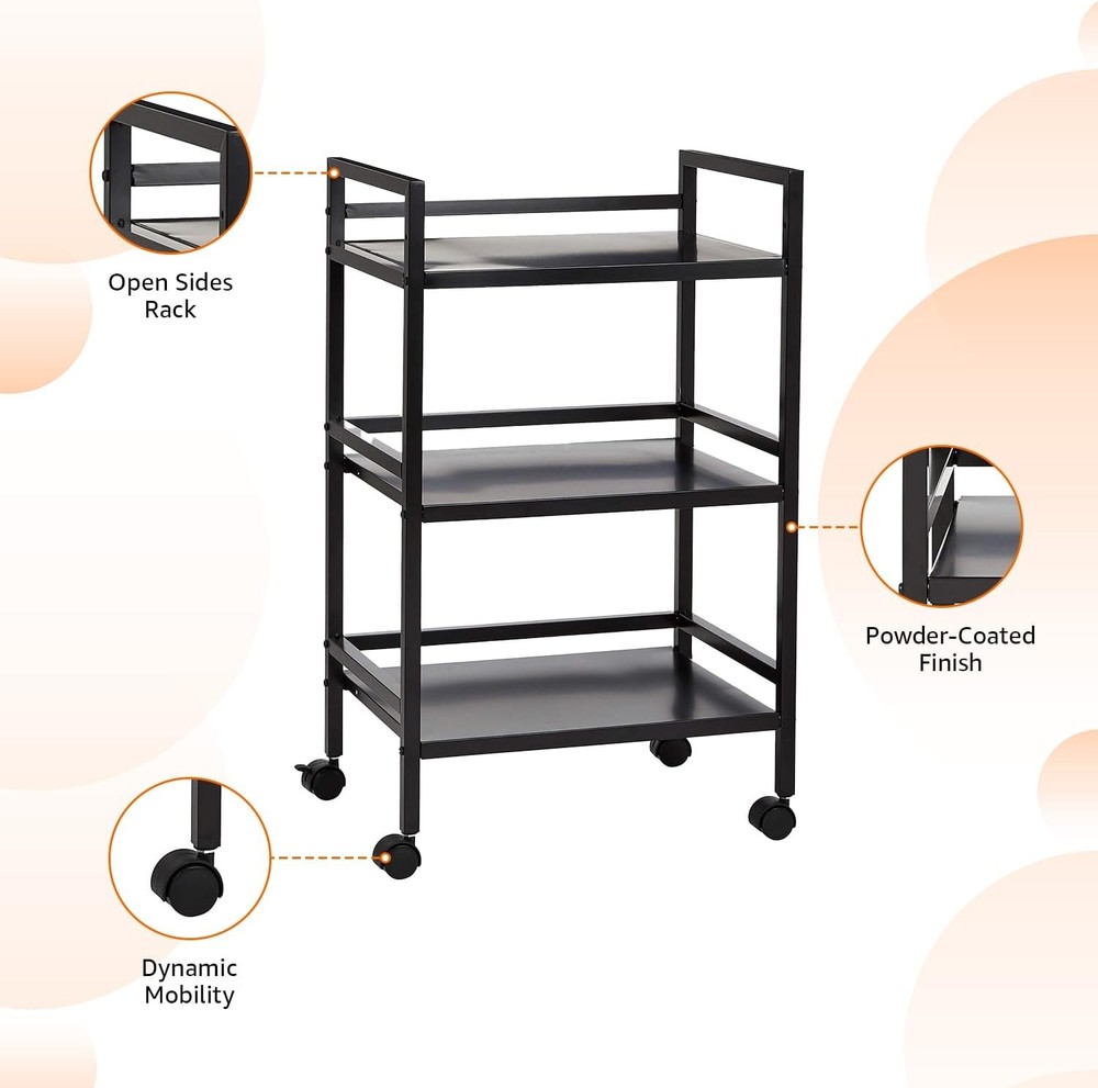 3-Tier Metal Rolling Cart Black