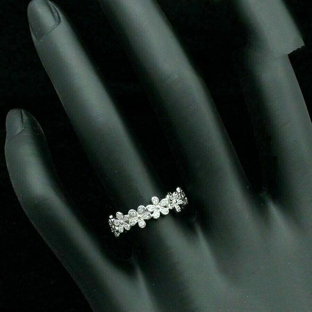 Brilliant White Round Cut CZ Flower Wedding Band Ring Solid 925 Sterling Silver