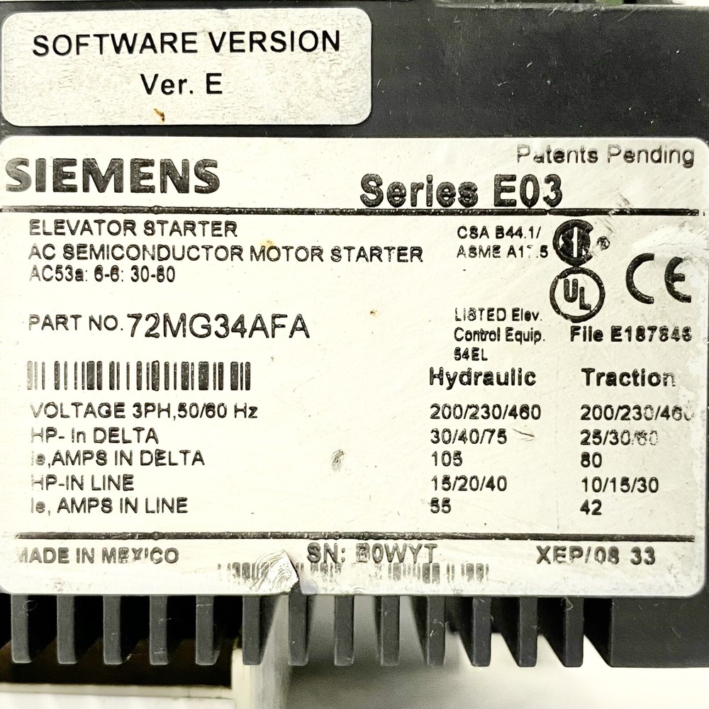 Siemens 72MG34AFA Elevator Motor Starter 3PH