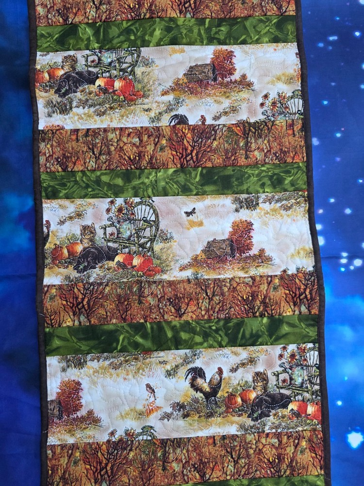 Handmade Quilted Table runner Thanksgiving Fall Autumn kittens chickens trees
