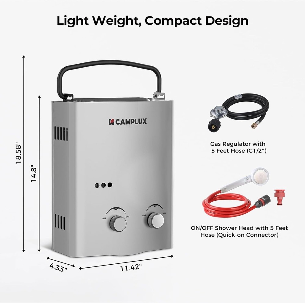 Camplux 5L 1.32 GPM Outdoor Portable Tankless Water Heater Camping AY132G Gray