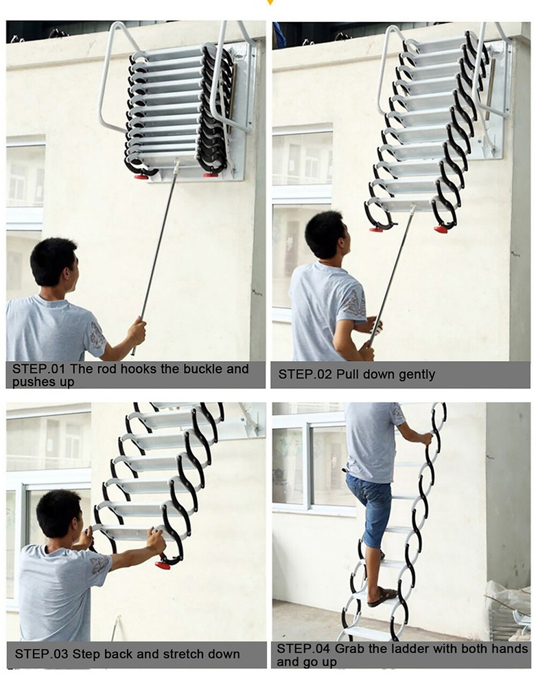 9.4ft Attic Loft Pull Down Ladder 12Step Wall Mounted Folding Loft Ladder Stairs