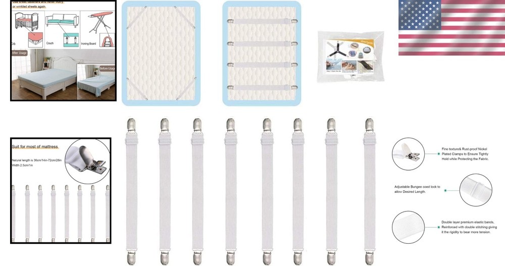 8Pcs Adjustable Bed Sheet Straps Clips, Elastic Mattress Sheet Fasteners Holder
