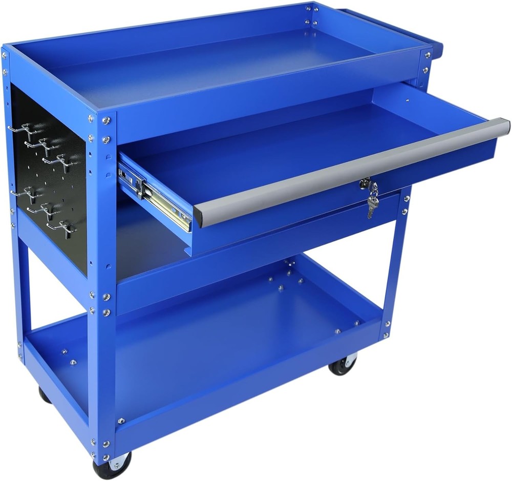 Tool Chest with Wheels, 3-Tier Rolling Tool Box with 1 Drawer & Hooks, Heavy Dut