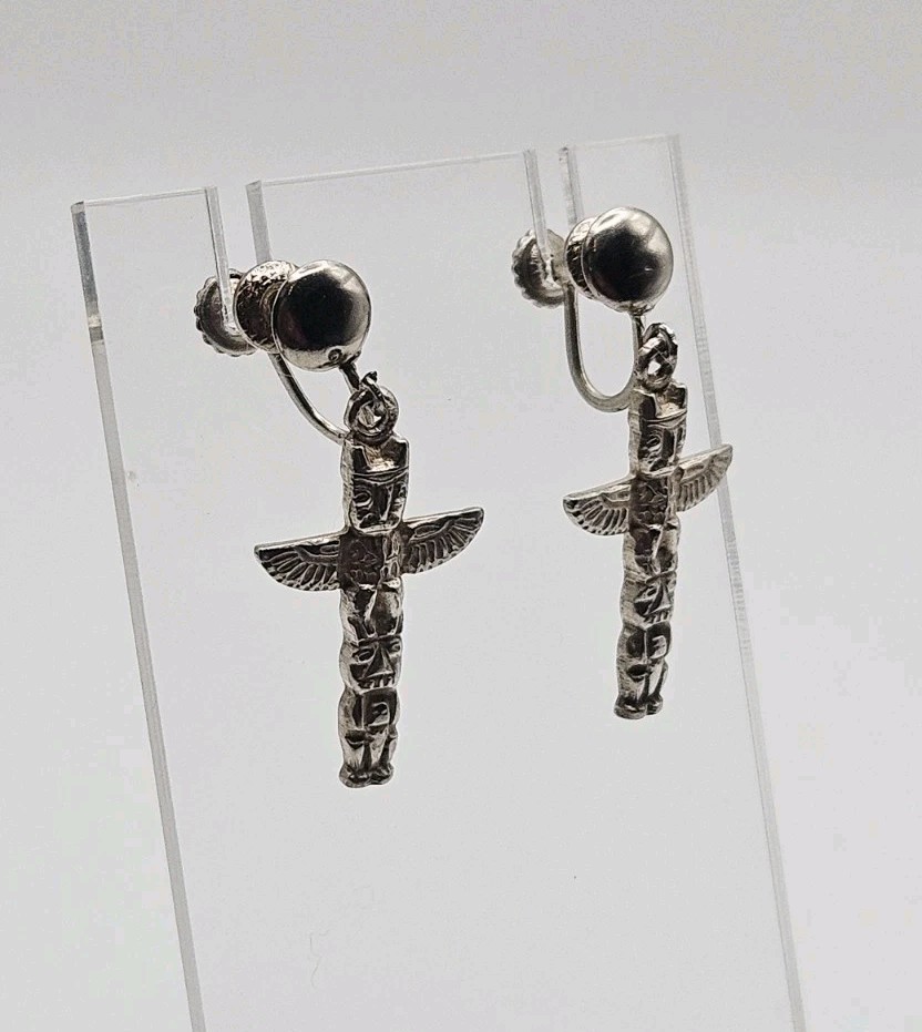 Sterling Silver Vintage Thunderbird Totem Pole Screw Back Dangle Earrings