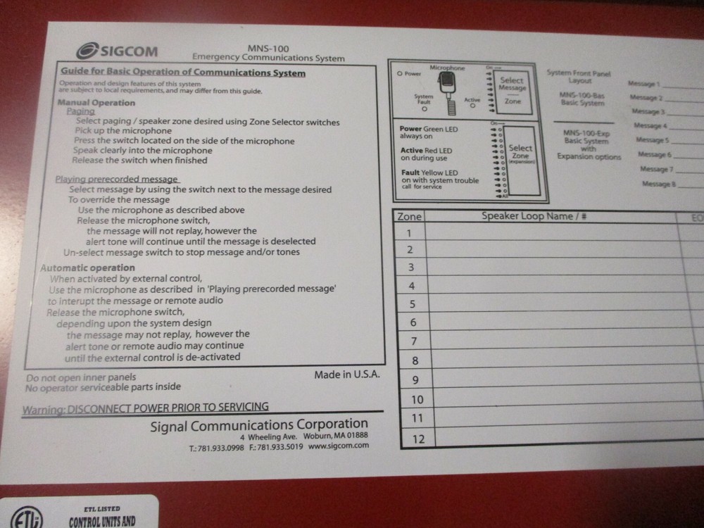 Used SIGCOM Emergency Communications System, MNS-100 Used, Untested