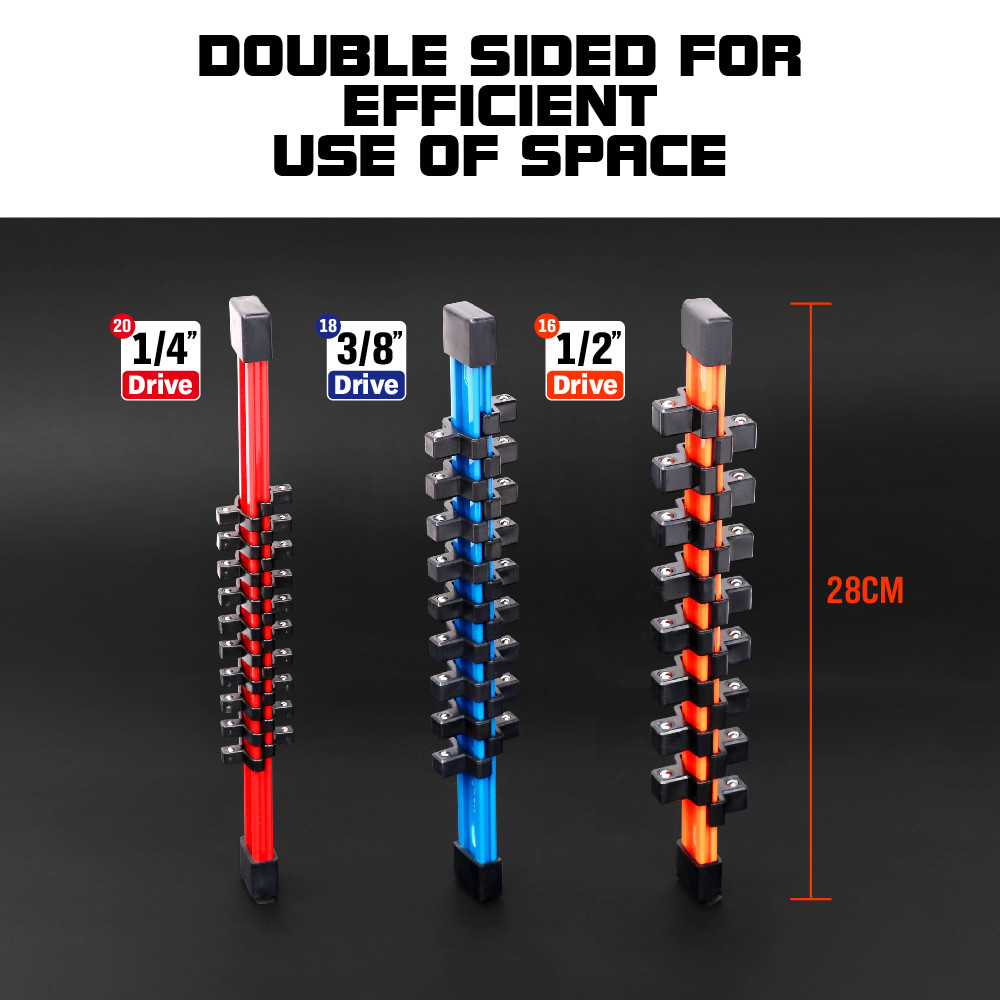 3pc Socket Organizer | 1/4 3/8 1/2" Mountable Sliding Holder Rail Tool Storage