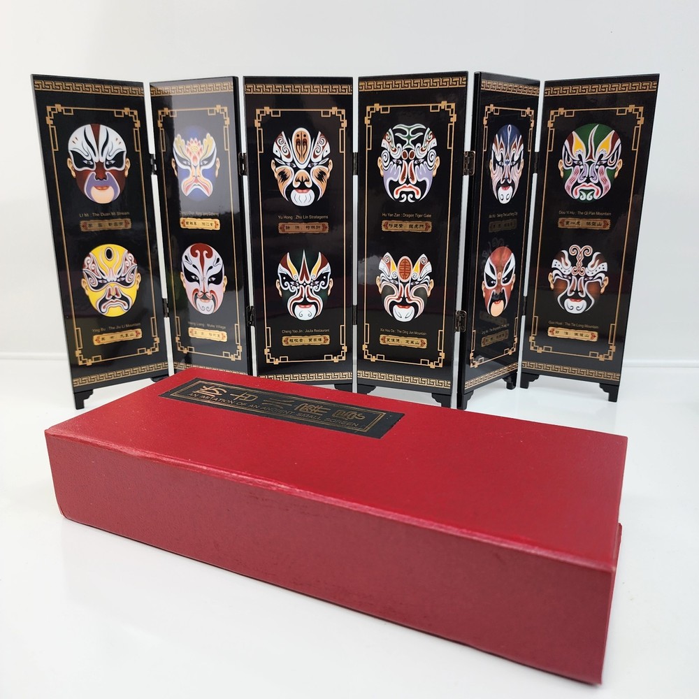 Chinese Folding Screen Peking Opera Makeup Mini Panel Black Lacquer 9x18 w Box
