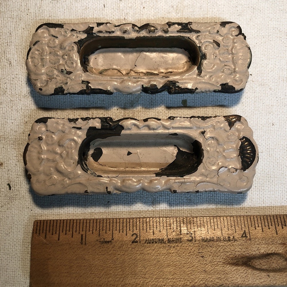 2 Antique Vintage Victorian Ornate Brass Recessed Window Sash Pulls Hardware