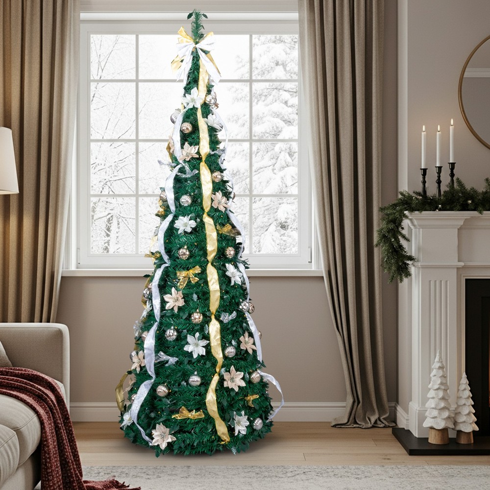 7FT Fully Decorated Pre-lit Christmas Tree, Pop Up Artificial Xmas Tree w/ Light