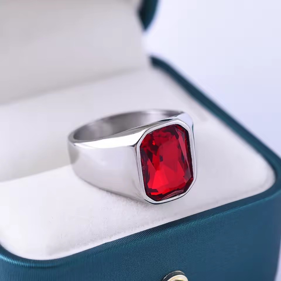 Men’s Ring Stainless Steel Silver Color Red Gemstone Rectangle Shape Style