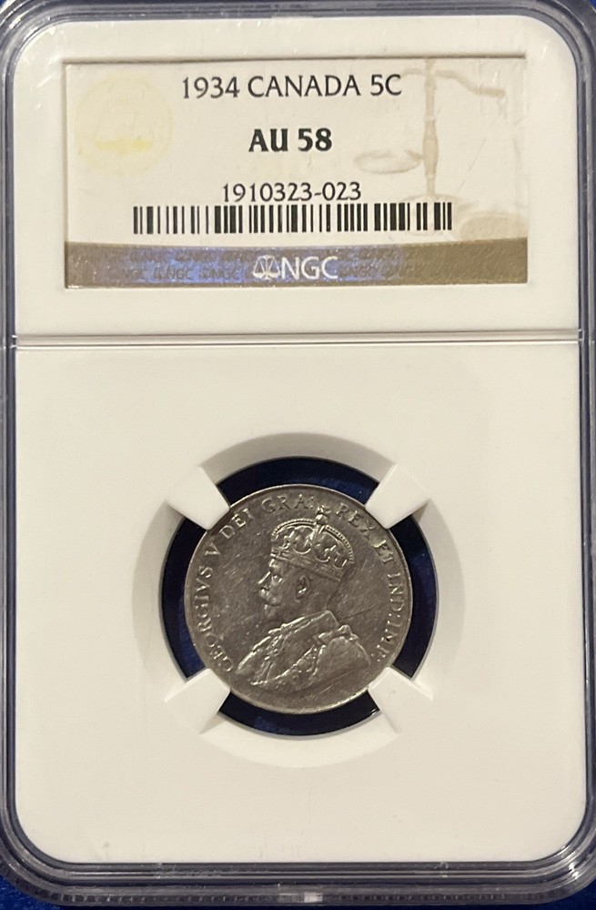 1934 5 Cents Canada AU 58
