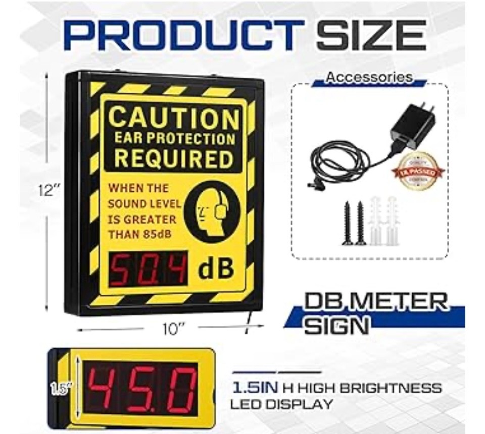 Digital Sound Decibel Meter Sign Caution Ear Protection Wall Mount Relaxweex
