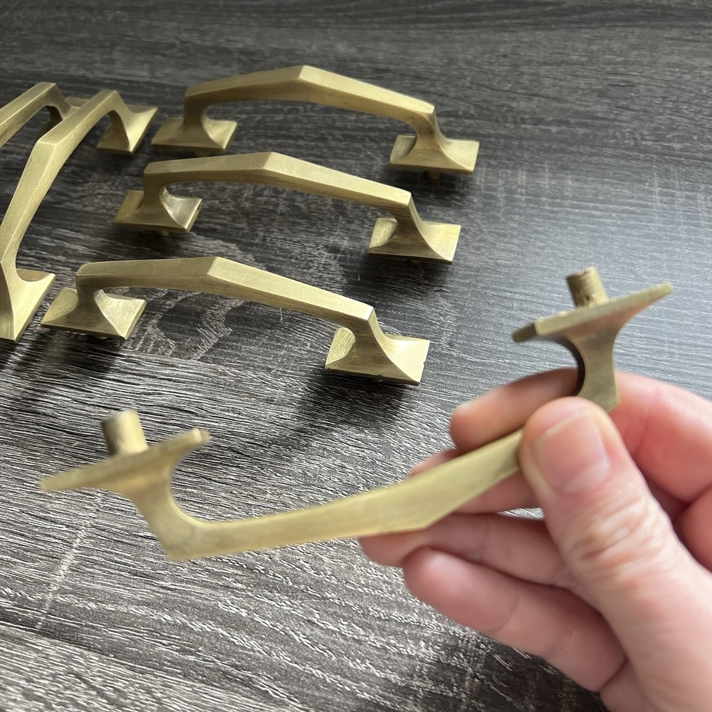 Set Of 6 Vintage Geometric Brass Angular Cabinet Pulls 4-1/16”CC
