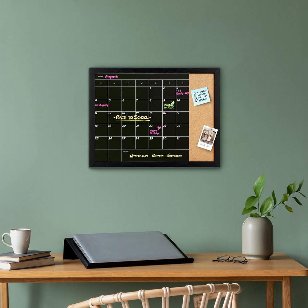 Chalkboard & Cork Board, Magnetic Surface Monthly Calendar & Black