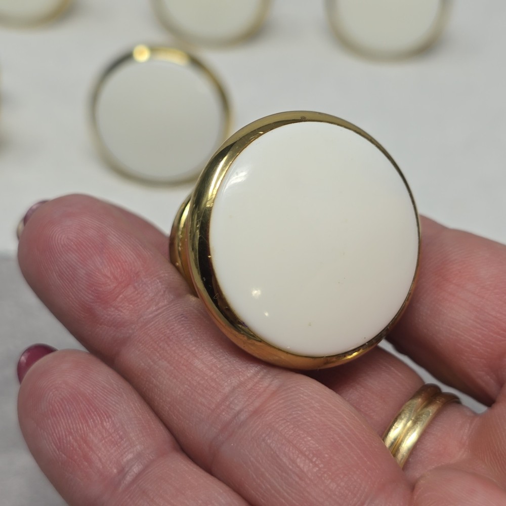 Vtg Porcelain Solid Brass Knob Replacement Cabinet Drawer Pull White Gold 1.25"