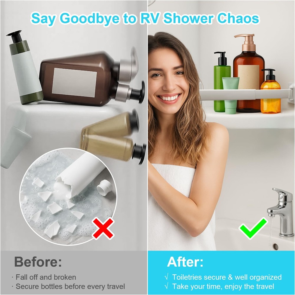 RV Shower Corner Storage Bars 3 Pack, Aluminum Adjustable Camper Shelf Retainer