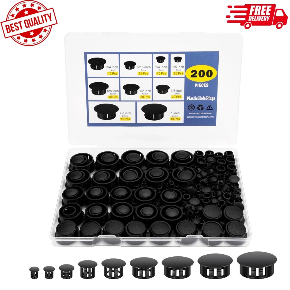 200Pcs 9 Sizes Nylon Plastic Hole Plugs Black Round Hole, Flush Type Panel