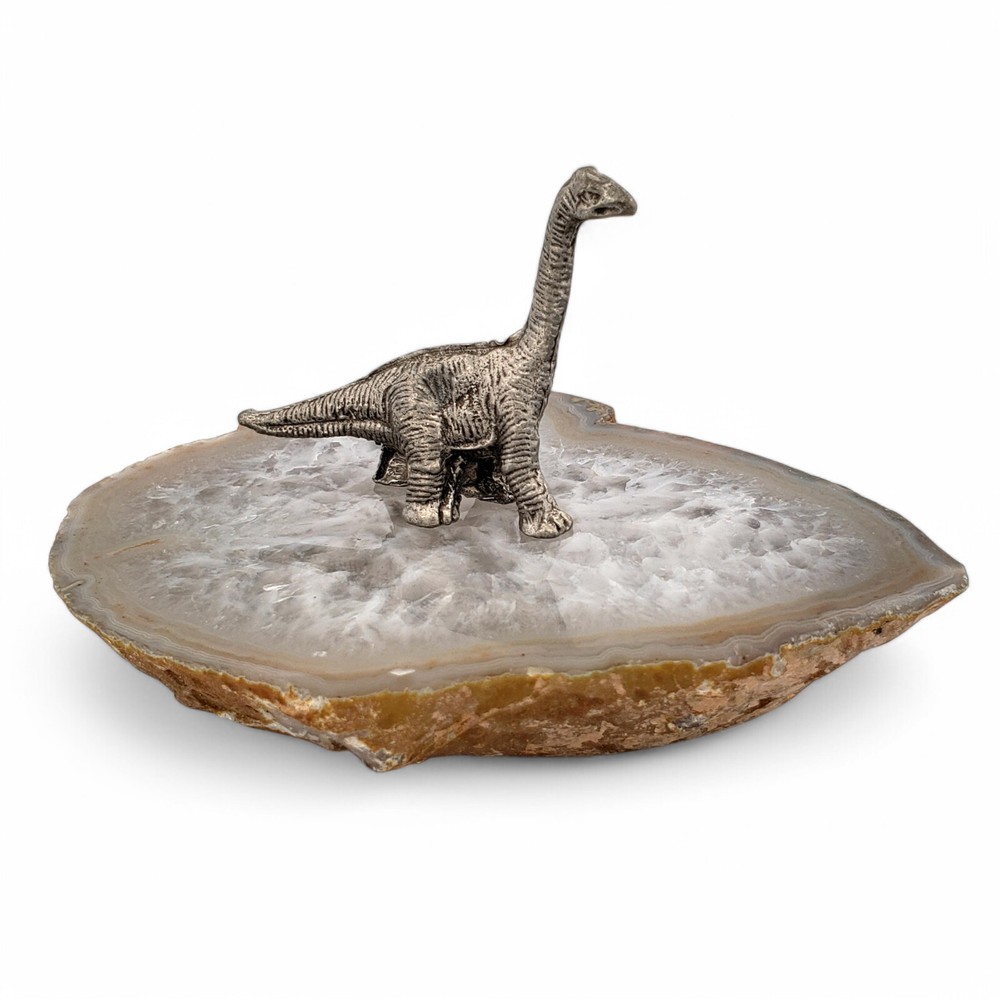 Prehistoric Brachiosaurus Pewter Figurine on Natural Agate Display