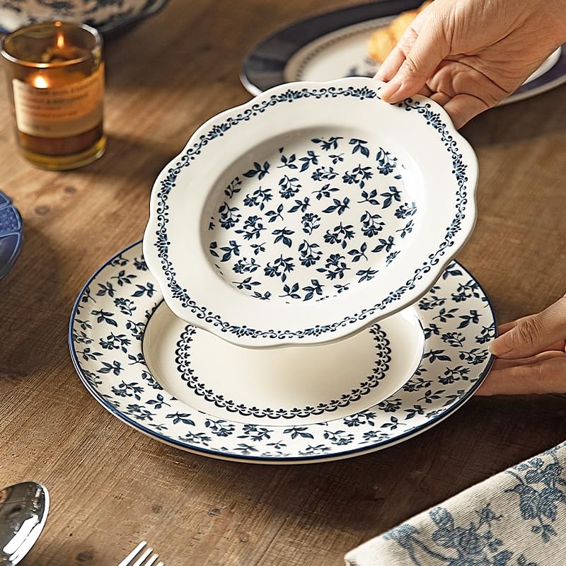 Dinnerware Set, Blue Manor 18-Piece Ceramic Dishware Set, Underglaze Floral P...