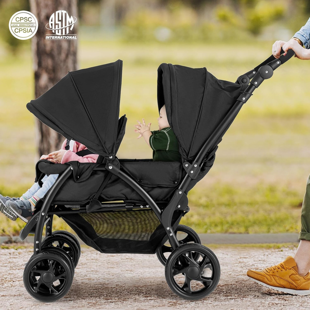 Compact Foldable Twin Stroller with Canopy & Safety Features - Black