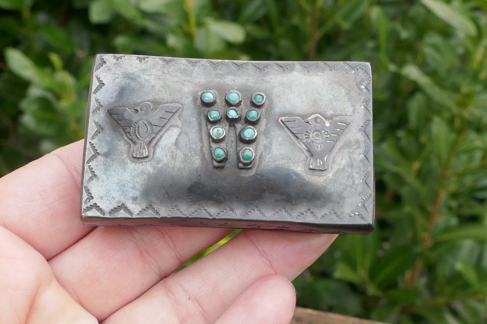 Vintage Navajo Sterling Silver & Turquoise Stamp Work Box w/ Applied Eagles