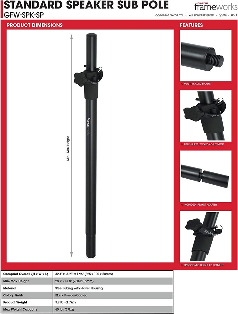 Gator Frameworks Standard Subwoofer/Speaker Extender Pole and 20mm Adapter