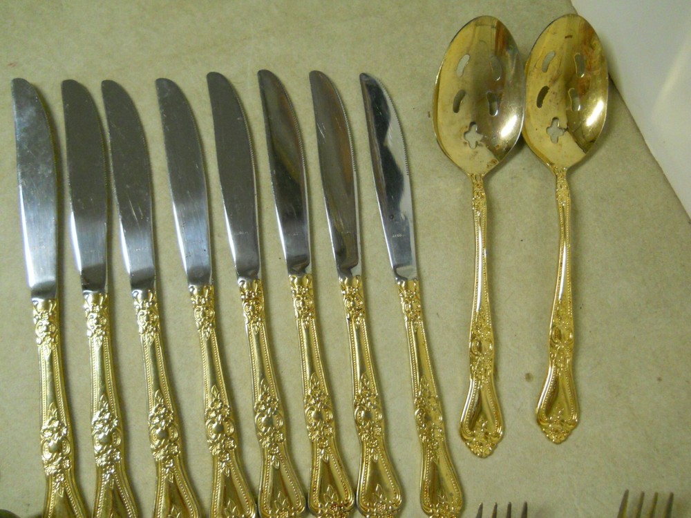 International EP Gold Precious Rose Pattern Flatware Set Replacements 63 PC