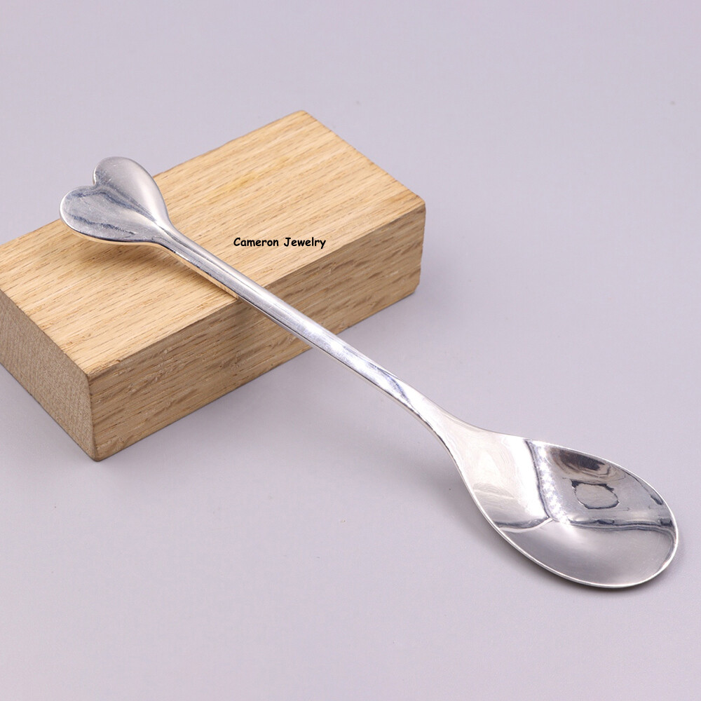 Solid S999 Fine Silver Healthy Tableware Heart Handle Soup Spoon 22-23g 5.1inch
