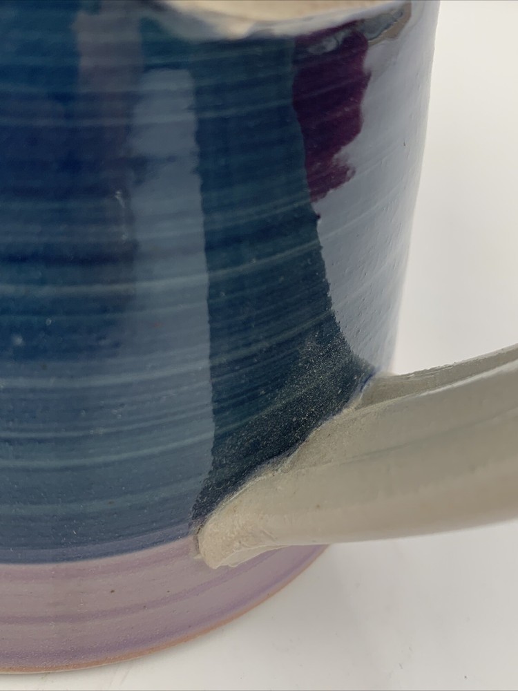 Hand Made Hand painted Pottery Pitcher Signed WP Blue Lavender White Leaves