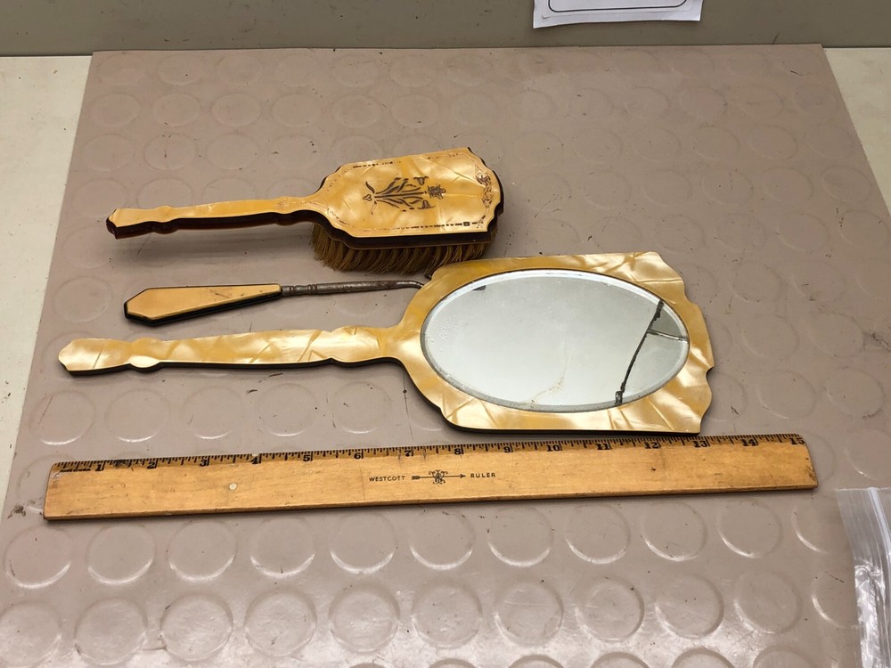 Vintage Gold Marble Bakelite Vanity Set Mirror Brush Hook