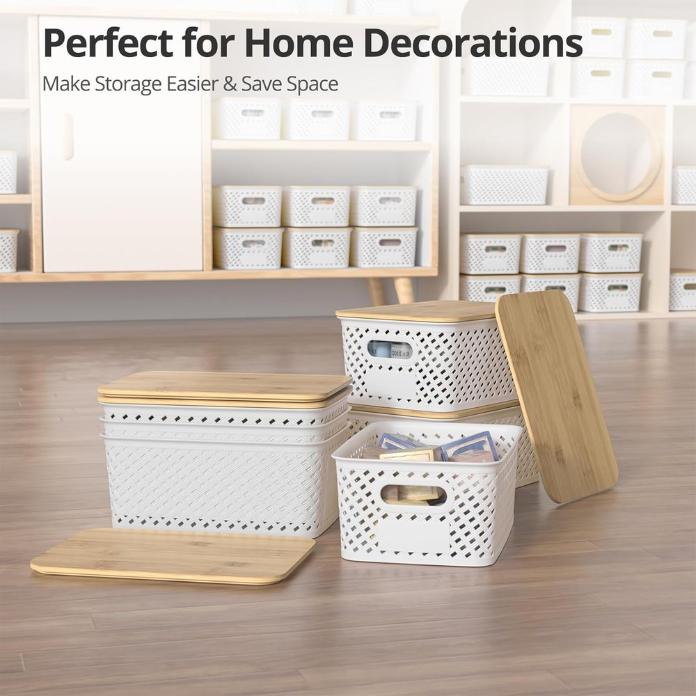 6 Pack Plastic Storage Bins W/ Bamboo Lids Stackable Small Box Baskets Container