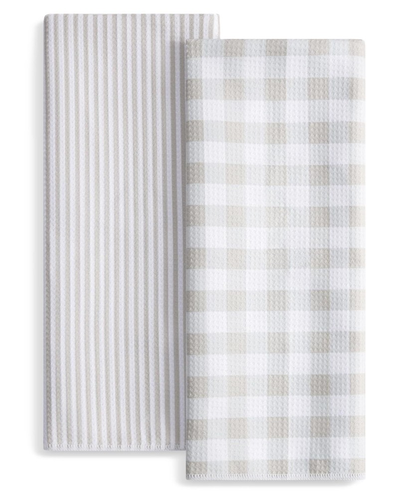 Gingham Stripe Waffle Kitchen Dish Towel Hanging Loop 18x30 Inch 2 PCS