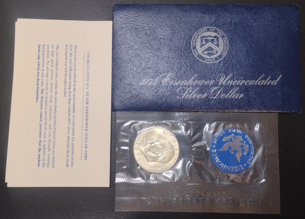 1974 S Eisenhower 40% Silver Dollar Uncirculated with Original Blue Envelope