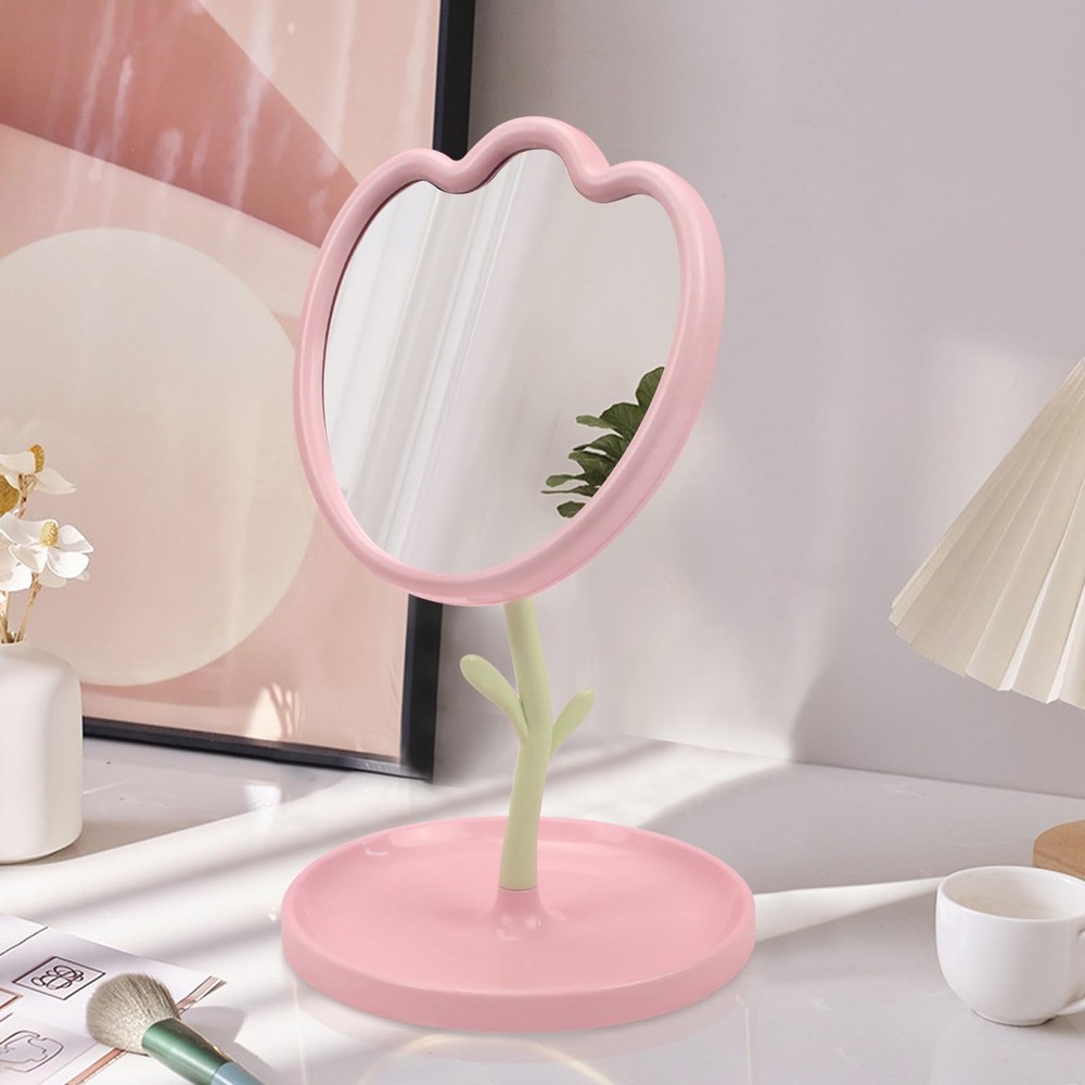 Flower Shaped Desk Mirror with Tray Adjustable Angle Tabletop Vanity Makeup M...