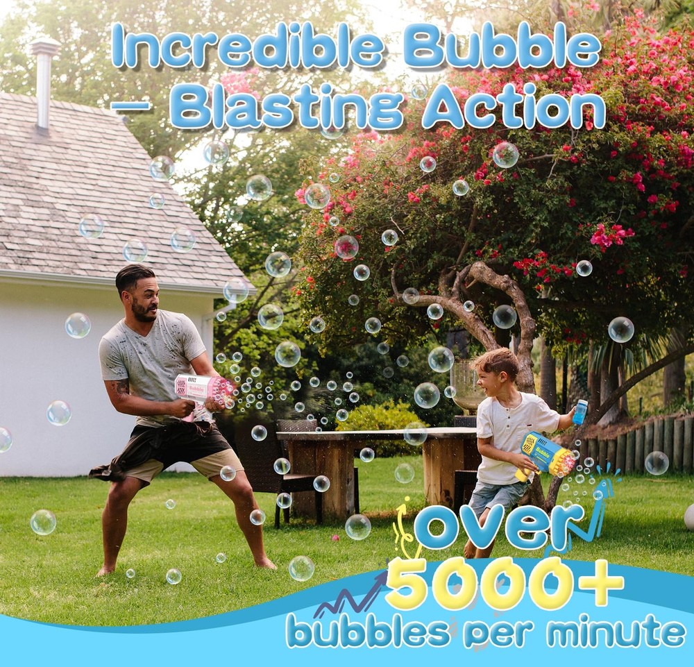 2 Bubble Gun with 2 Bottles Refill Solution for Kids, 40-Hole Light Up Bubble...