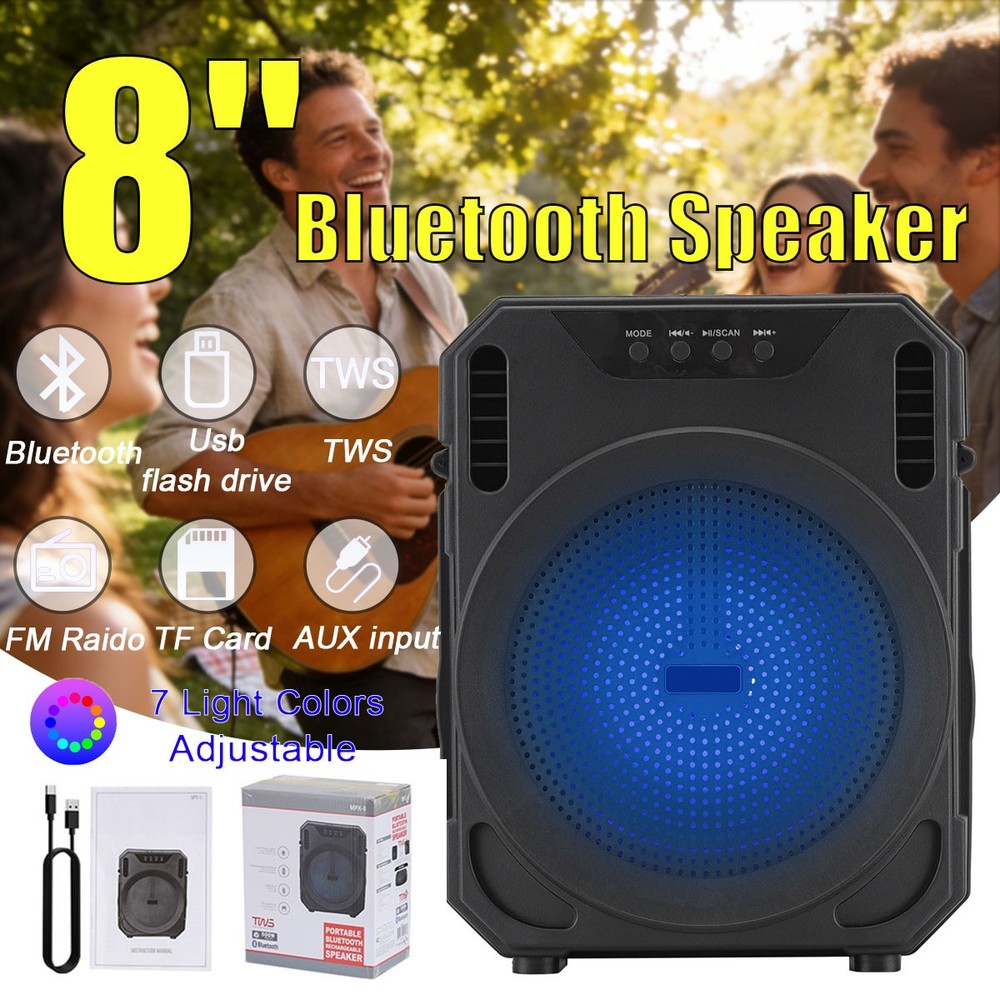 8''Bluetooth Speaker 500W with Type-C Cable TWS Pairing 8 Adjustable LED Colors