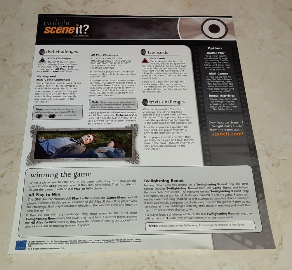 Twilight Scene It Game Replacement Piece INSTRUCTIONS