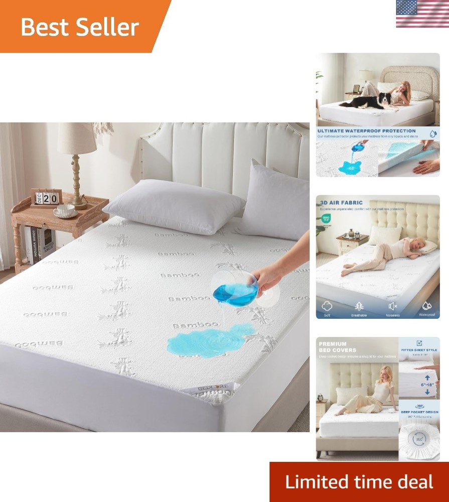 King Size Waterproof Mattress Protector - Soft Bamboo Viscose, Machine Washable